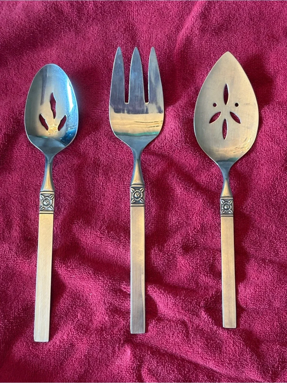 Ginkgo Danesland Rose Stainless Steel Serving Spoon, Fork and Pie Server Vintage
